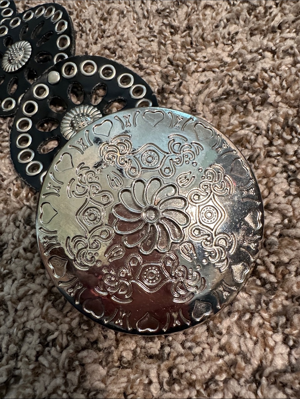 Black Floral Concho Waist Belt with Silver Medallions - Picture 2 of 7